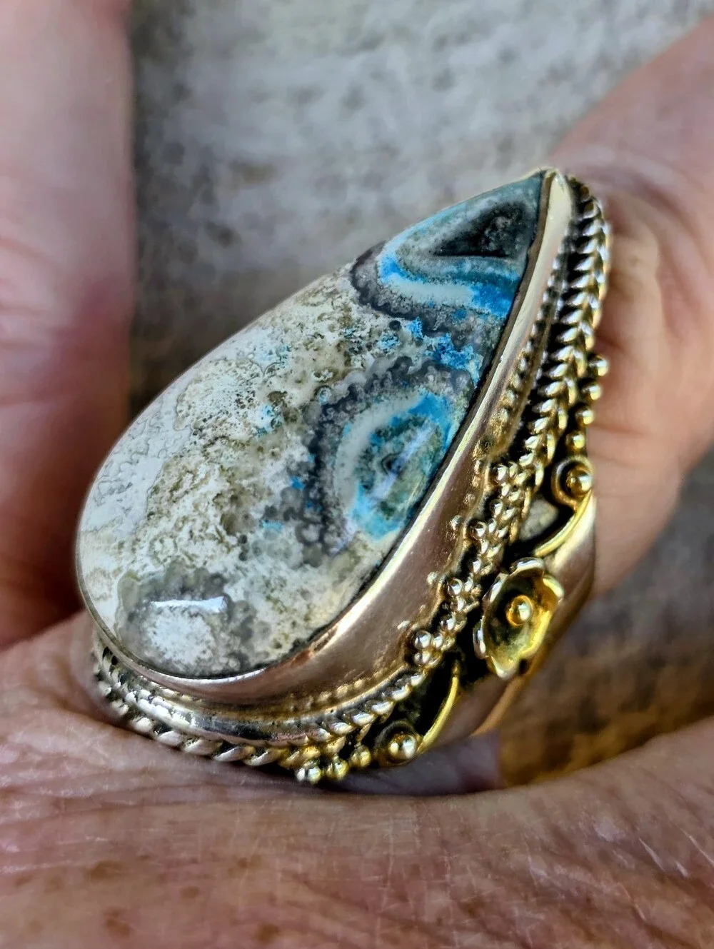 Custom-Made Dyed Crazy Lace Ring In 925 Sterling Silver W Gold Vermeil (7)